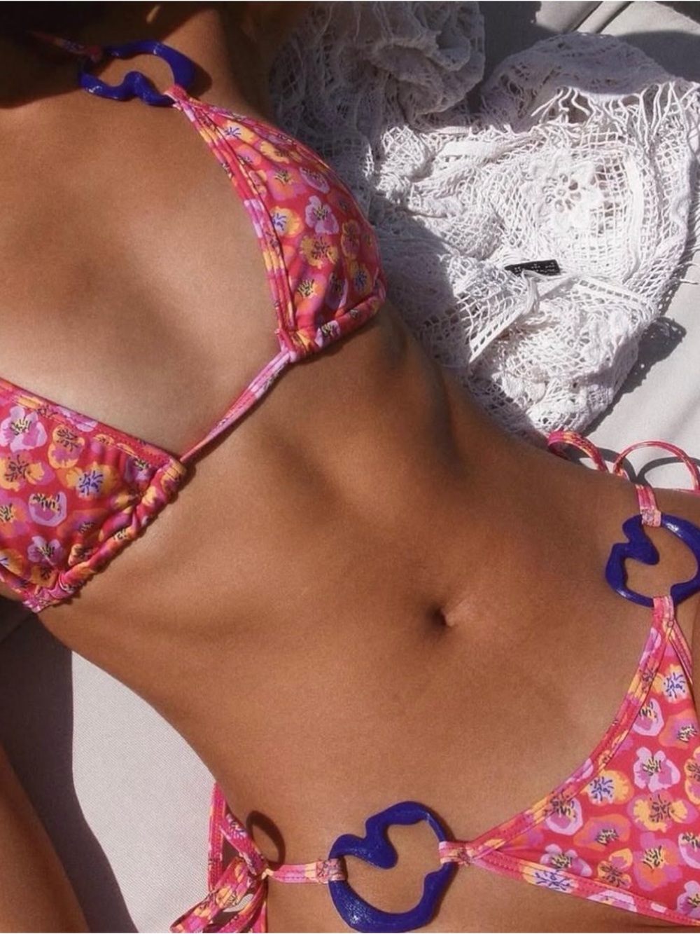 Never wore - Pink Floral Triangle Bikini with Blue Accent Rings